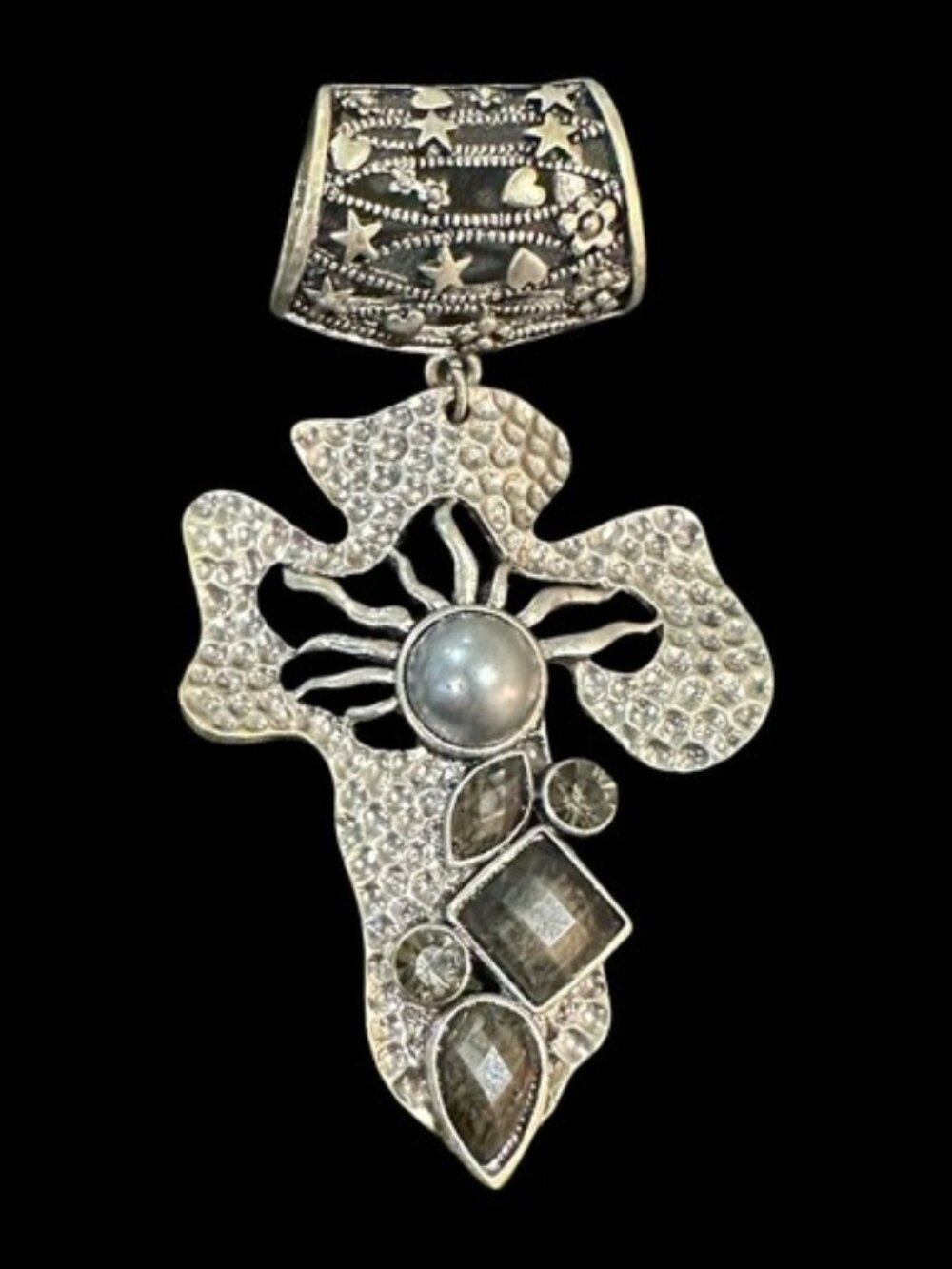 Avante Garde Scarf Slider Silver Tone Sunburst Heart Stars Signed GB